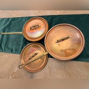 Vintage Copper 3 Pan Set w/ Lids European Brass Hammered Handles